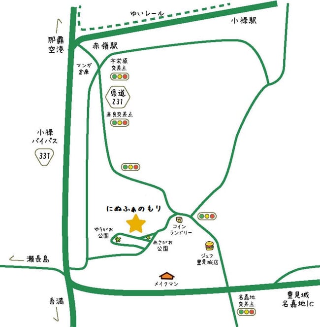 にぬふぁ保育園の地図、県道231号線を豊見城、名嘉地方面向け、ハンバーガーレストランジェフの裏手200m